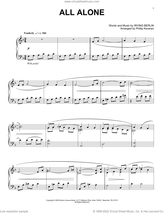 All Alone (arr. Phillip Keveren) sheet music for piano solo by Irving Berlin and Phillip Keveren, intermediate skill level