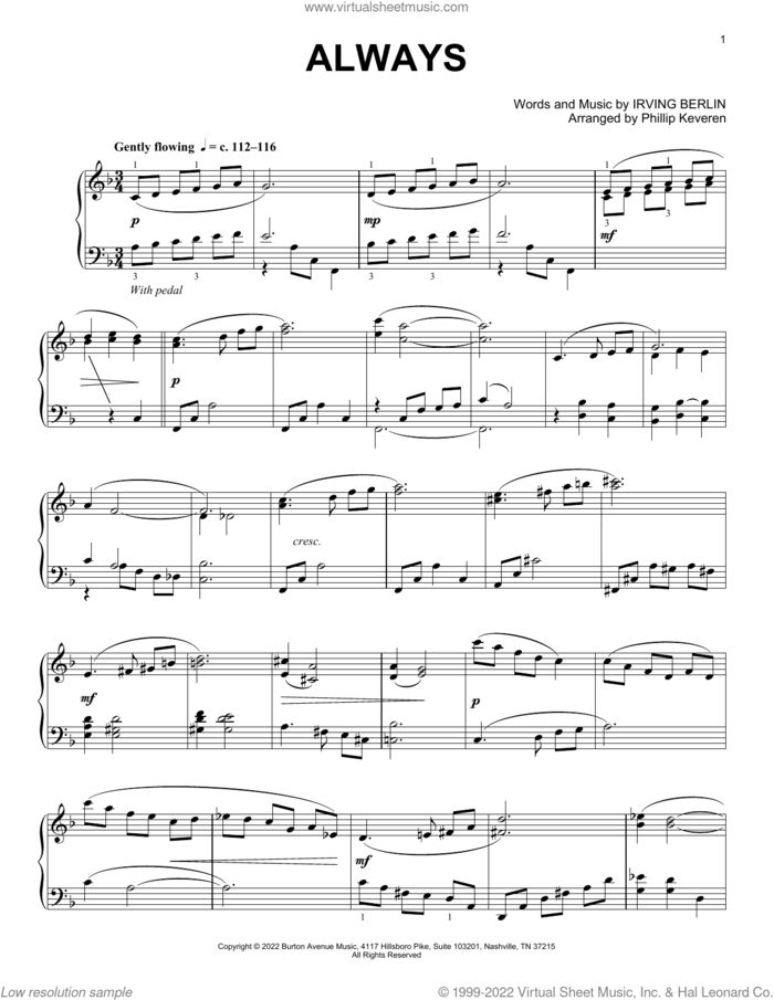Always (arr. Phillip Keveren) sheet music for piano solo by Irving Berlin and Phillip Keveren, intermediate skill level