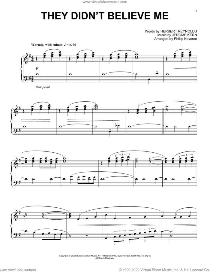 They Didn't Believe Me (arr. Phillip Keveren) sheet music for piano solo by Jerome Kern, Phillip Keveren and Herbert Reynolds, intermediate skill level