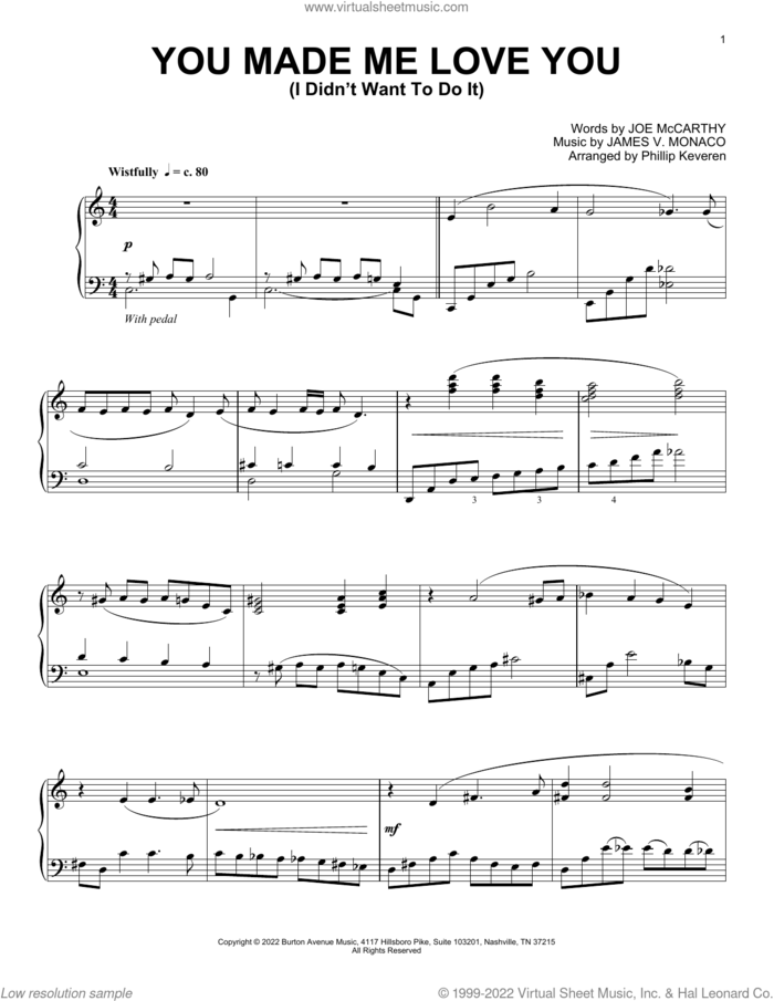 You Made Me Love You (I Didn't Want To Do It) (arr. Phillip Keveren) sheet music for piano solo by James Monaco, Phillip Keveren and Joe McCarthy, intermediate skill level