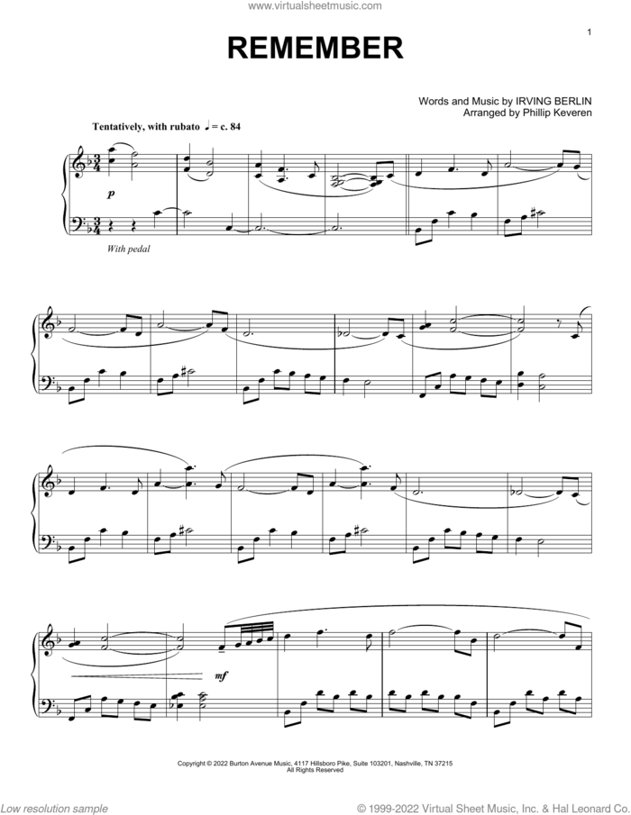 Remember (arr. Phillip Keveren) sheet music for piano solo by Irving Berlin and Phillip Keveren, intermediate skill level