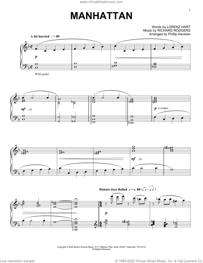 Manhattan (arr. Phillip Keveren) sheet music for piano solo by Richard Rodgers, Phillip Keveren, Lorenz Hart and Rodgers & Hart, intermediate skill level