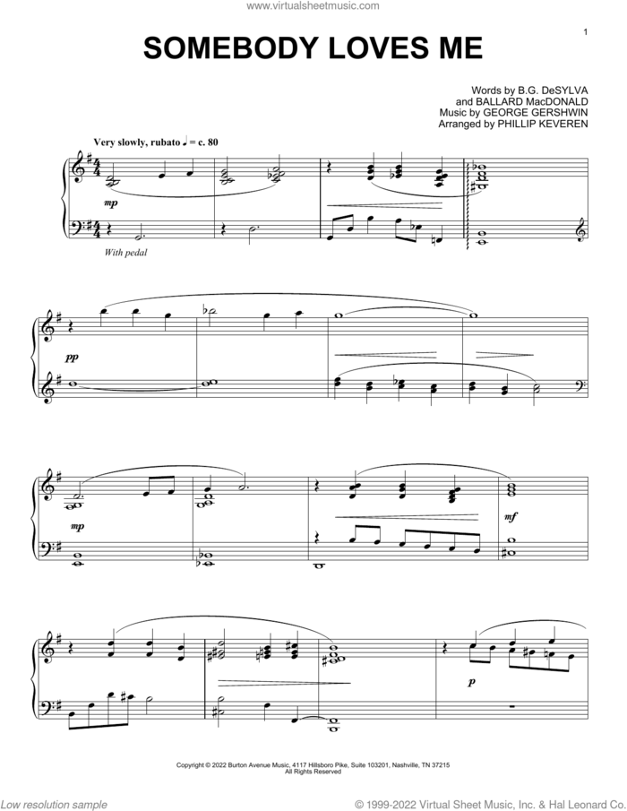 Somebody Loves Me (arr. Phillip Keveren) sheet music for piano solo by George Gershwin, Phillip Keveren, Ballard MacDonald and Buddy DeSylva, intermediate skill level