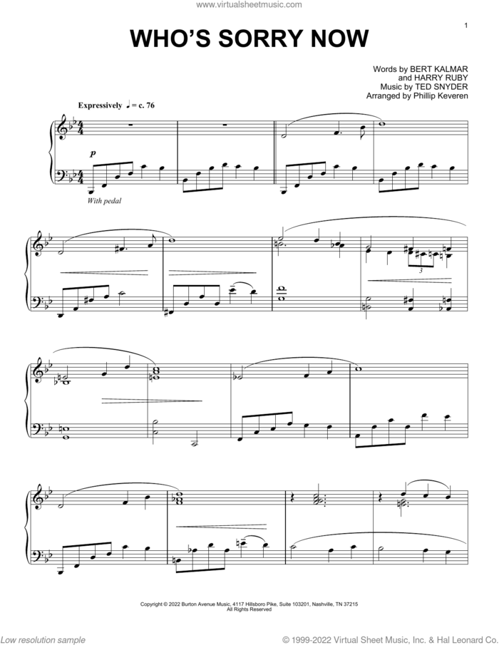 Who's Sorry Now (arr. Phillip Keveren) sheet music for piano solo by Harry Ruby, Phillip Keveren, Bert Kalmar and Ted Snyder, intermediate skill level