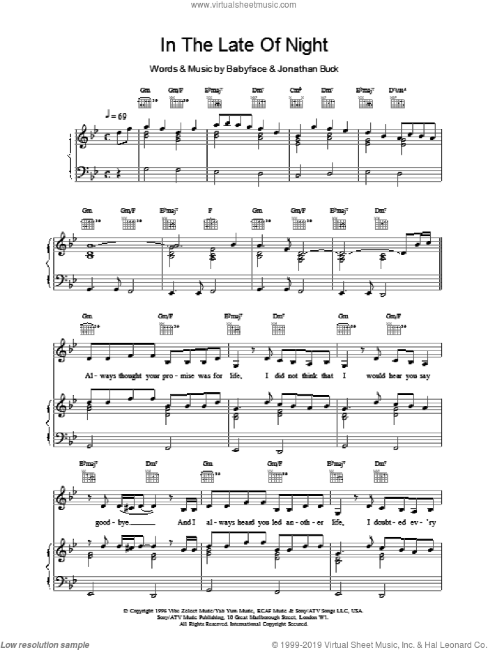 In The Late Of Night sheet music for voice, piano or guitar by Toni Braxton, Babyface and Jonathan Buck, intermediate skill level