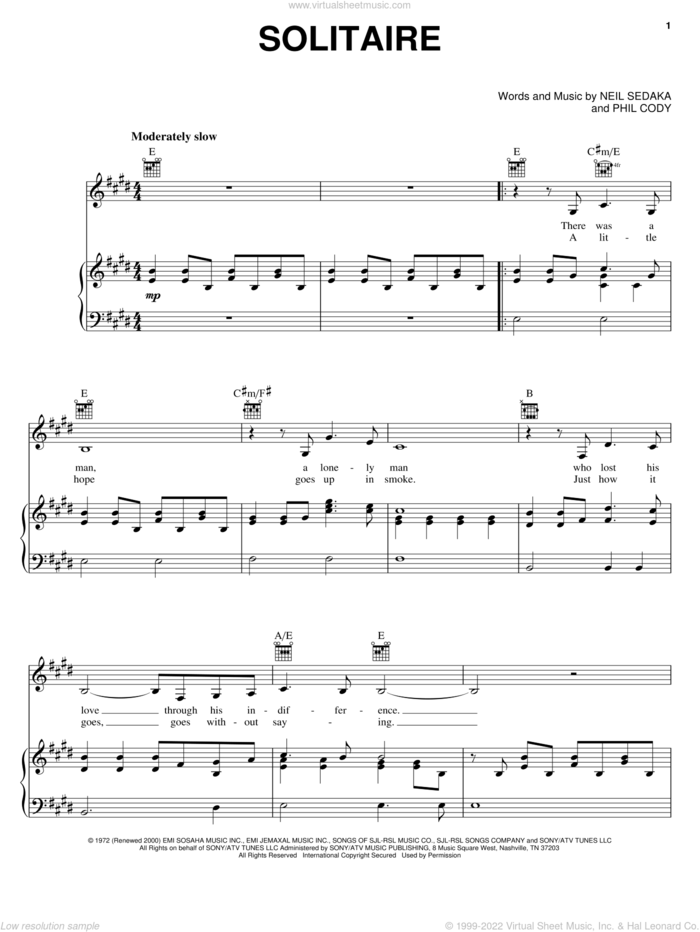 Solitaire sheet music for voice, piano or guitar by Carpenters, Neil Sedaka and Phil Cody, intermediate skill level