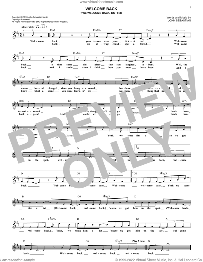 Welcome Back sheet music for voice and other instruments (fake book) by John Sebastian, Mase and Mason Bertha, intermediate skill level