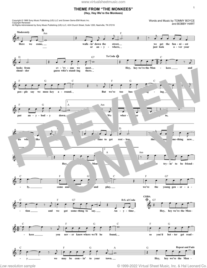 Theme From 'The Monkees' (Hey, Hey We're The Monkees) sheet music for voice and other instruments (fake book) by The Monkees, Bobby Hart and Tommy Boyce, intermediate skill level