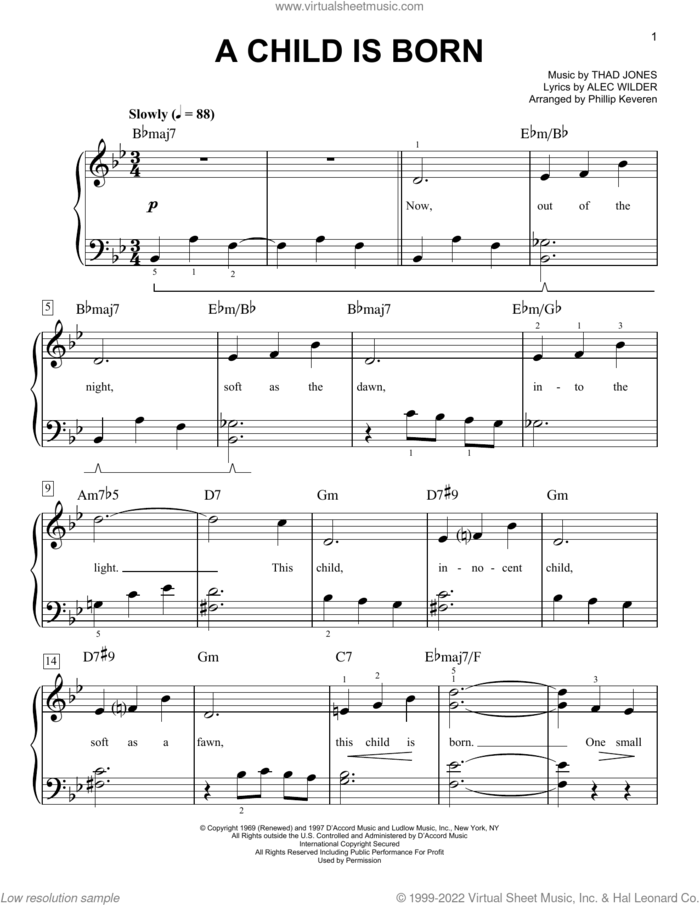 A Child Is Born (arr. Phillip Keveren) sheet music for piano solo by Alec Wilder, Phillip Keveren and Thad Jones, easy skill level