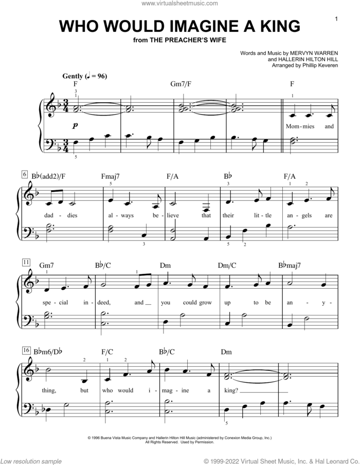 Who Would Imagine A King (arr. Phillip Keveren) sheet music for piano solo by Whitney Houston, Phillip Keveren, Hallerin Hilton Hill and Mervyn Warren, easy skill level