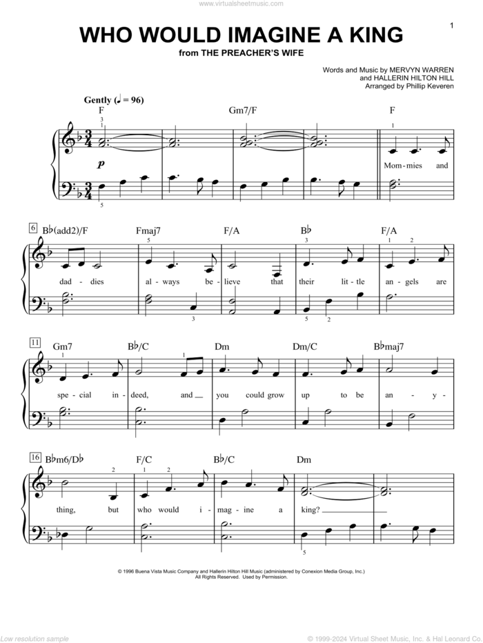 Who Would Imagine A King (arr. Phillip Keveren) sheet music for piano solo by Whitney Houston, Phillip Keveren, Hallerin Hilton Hill and Mervyn Warren, easy skill level