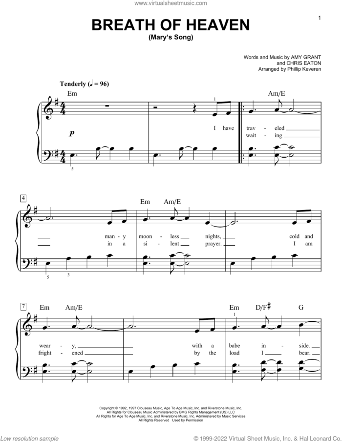 Breath Of Heaven (Mary's Song) (arr. Phillip Keveren) sheet music for piano solo by Amy Grant, Phillip Keveren and Chris Eaton, easy skill level