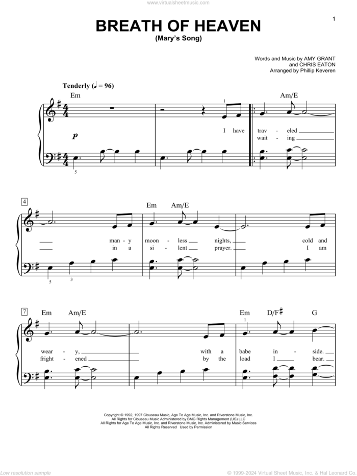 Breath Of Heaven (Mary's Song) (arr. Phillip Keveren) sheet music for piano solo by Amy Grant, Phillip Keveren and Chris Eaton, easy skill level