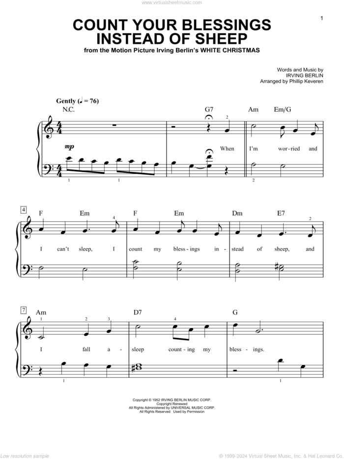 Count Your Blessings Instead Of Sheep (arr. Phillip Keveren), (easy) (arr. Phillip Keveren) sheet music for piano solo by Irving Berlin and Phillip Keveren, easy skill level