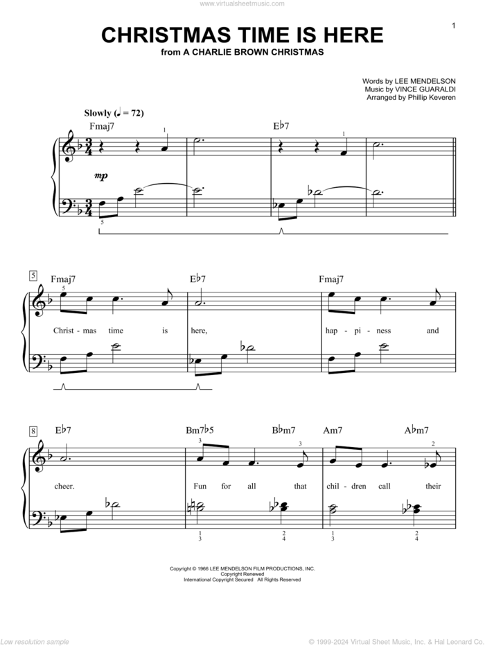 Christmas Time Is Here (arr. Phillip Keveren), (easy) (arr. Phillip Keveren) sheet music for piano solo by Vince Guaraldi, Phillip Keveren and Lee Mendelson, easy skill level