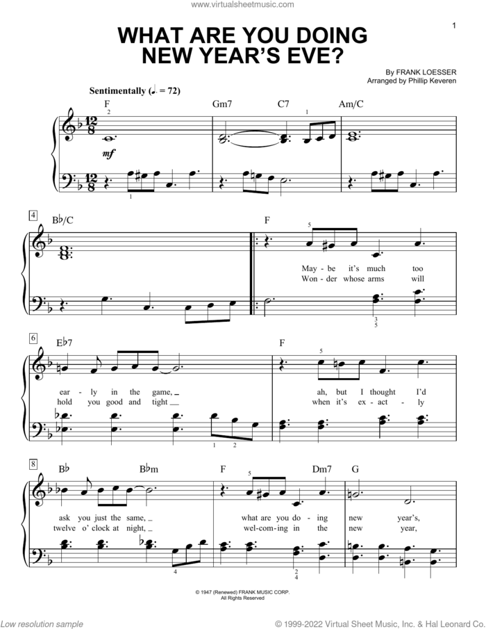 What Are You Doing New Year's Eve? (arr. Phillip Keveren) sheet music for piano solo by Frank Loesser and Phillip Keveren, easy skill level