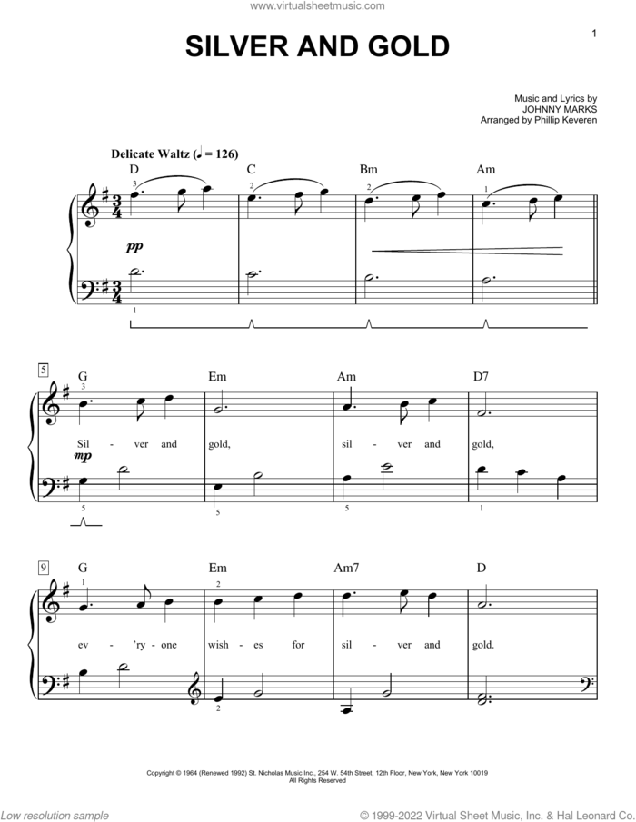 Silver And Gold (arr. Phillip Keveren) sheet music for piano solo by Johnny Marks and Phillip Keveren, easy skill level