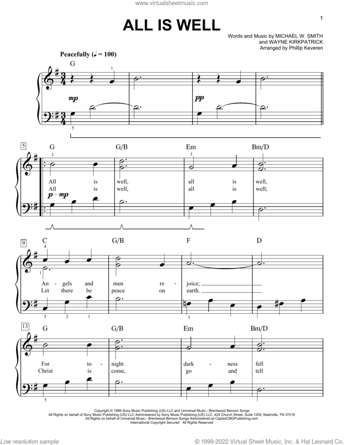 All Is Well (arr. Phillip Keveren) sheet music for piano solo by Michael W. Smith, Phillip Keveren and Wayne Kirkpatrick, easy skill level