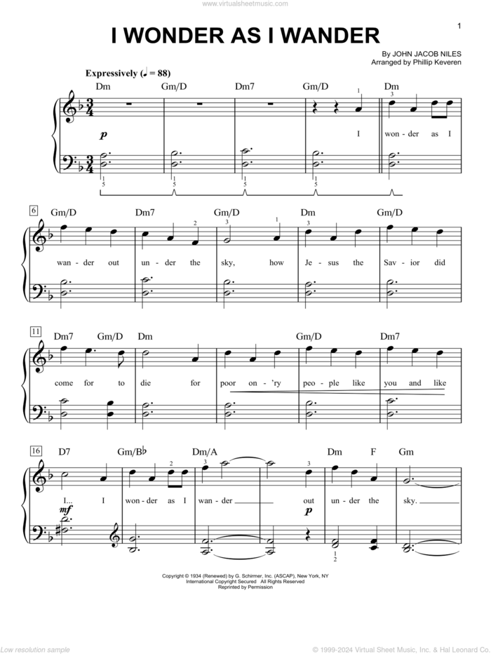 I Wonder As I Wander (arr. Phillip Keveren) sheet music for piano solo by John Jacob Niles and Phillip Keveren, classical score, easy skill level