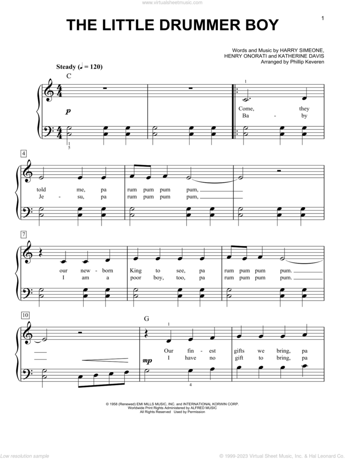 The Little Drummer Boy (arr. Phillip Keveren), (easy) sheet music for piano solo by Katherine Davis, Phillip Keveren, Harry Simeone and Henry Onorati, easy skill level