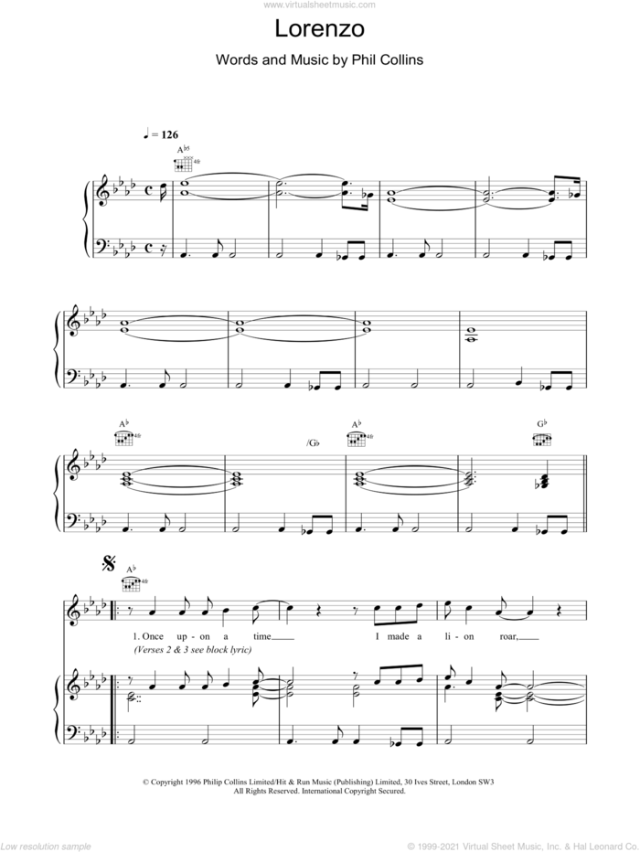 Lorenzo sheet music for voice, piano or guitar by Phil Collins, intermediate skill level