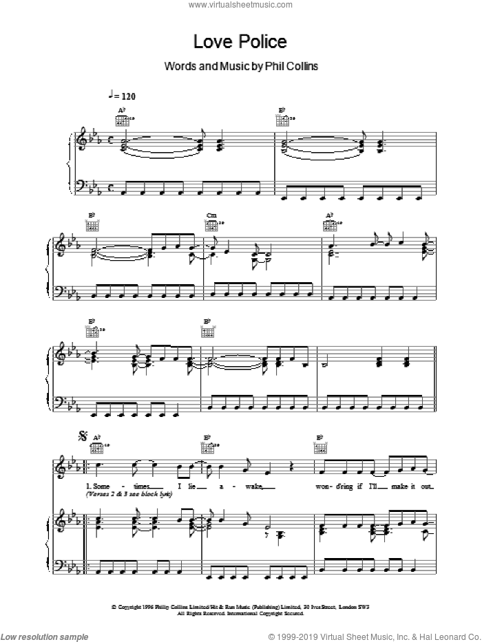 Love Police sheet music for voice, piano or guitar by Phil Collins, intermediate skill level