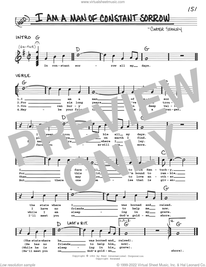 I Am A Man Of Constant Sorrow sheet music for voice and other instruments (real book with lyrics) by The Soggy Bottom Boys, Charm City Devils, Carter Stanley and Ralph Stanley, intermediate skill level