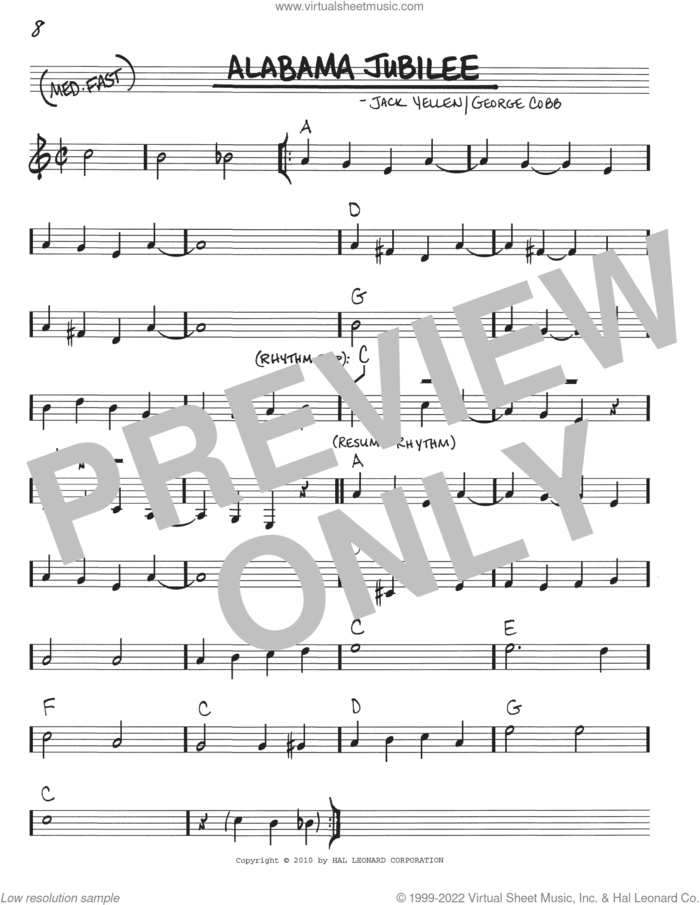 Alabama Jubilee sheet music for voice and other instruments (real book with lyrics) by Arthur Collins & Byron Harlan, Ferco String Band, George L. Cobb and Jack Yellen, intermediate skill level
