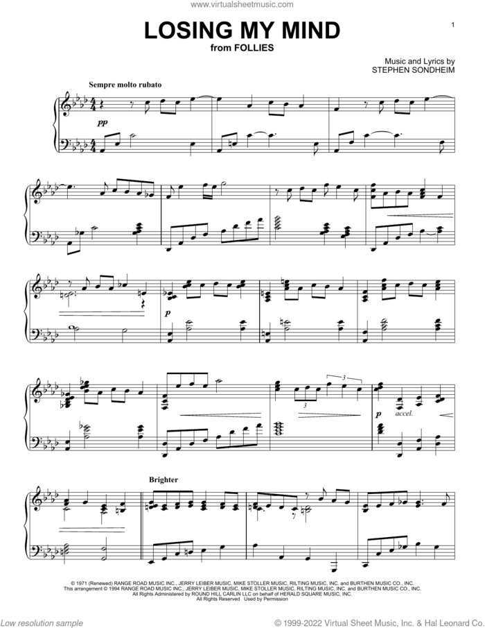Losing My Mind (from Follies) sheet music for piano solo by Stephen Sondheim, intermediate skill level