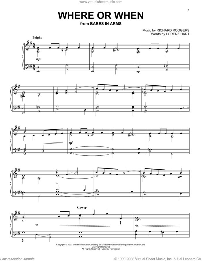 Where Or When (from Babes In Arms) sheet music for piano solo by Dion & The Belmonts, Lorenz Hart and Richard Rodgers, intermediate skill level