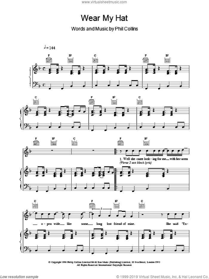 Wear My Hat sheet music for voice, piano or guitar by Phil Collins, intermediate skill level