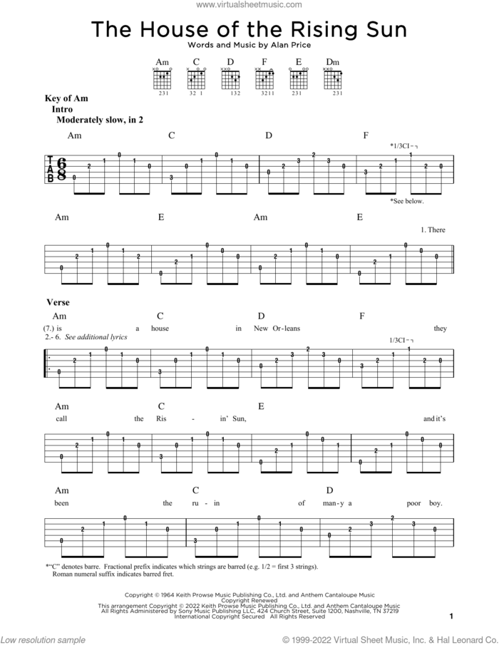 The House Of The Rising Sun sheet music for guitar (rhythm tablature) by The Animals and Alan Price, intermediate skill level