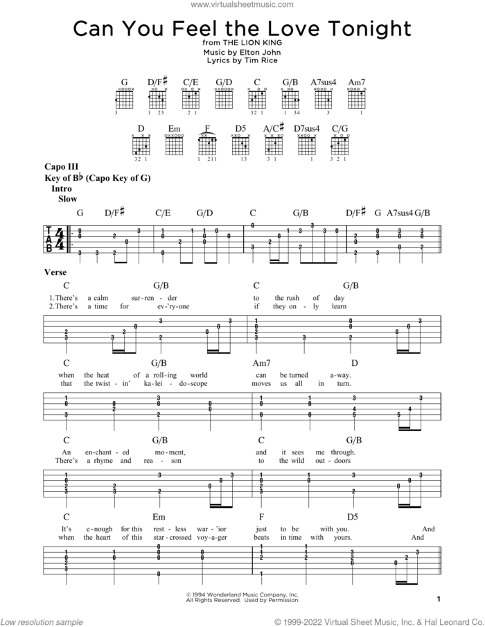 Can You Feel The Love Tonight (from The Lion King) sheet music for guitar (rhythm tablature) by Elton John and Tim Rice, intermediate skill level