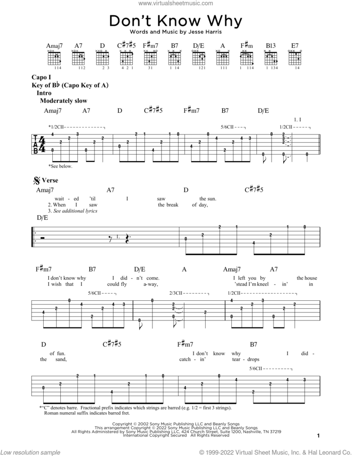 Don't Know Why sheet music for guitar (rhythm tablature) by Norah Jones and Jesse Harris, intermediate skill level
