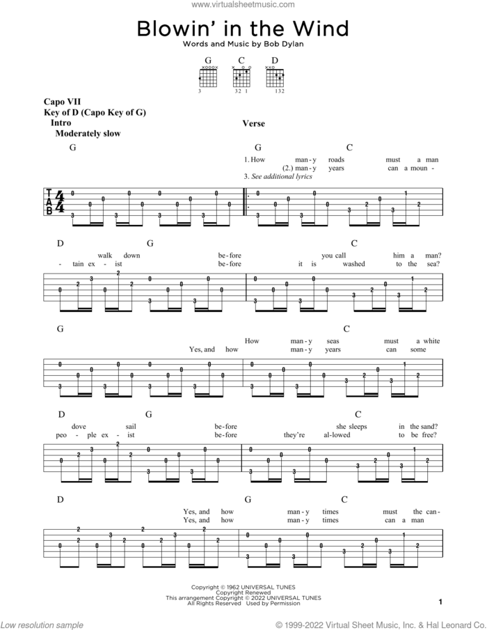 Blowin' In The Wind sheet music for guitar (rhythm tablature) by Bob Dylan, intermediate skill level