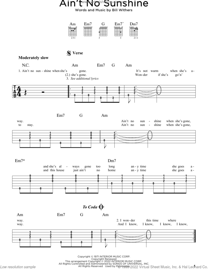 Ain't No Sunshine sheet music for guitar (rhythm tablature) by Bill Withers, intermediate skill level