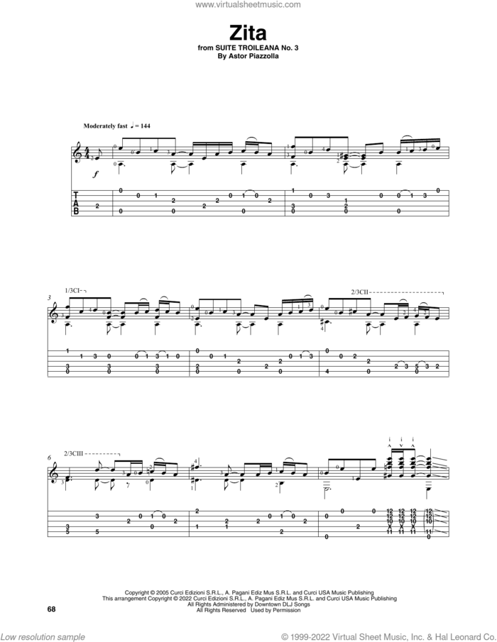 Zita (arr. Celil Refik Kaya) sheet music for guitar solo by Astor Piazzolla and Celil Refik Kaya, classical score, intermediate skill level