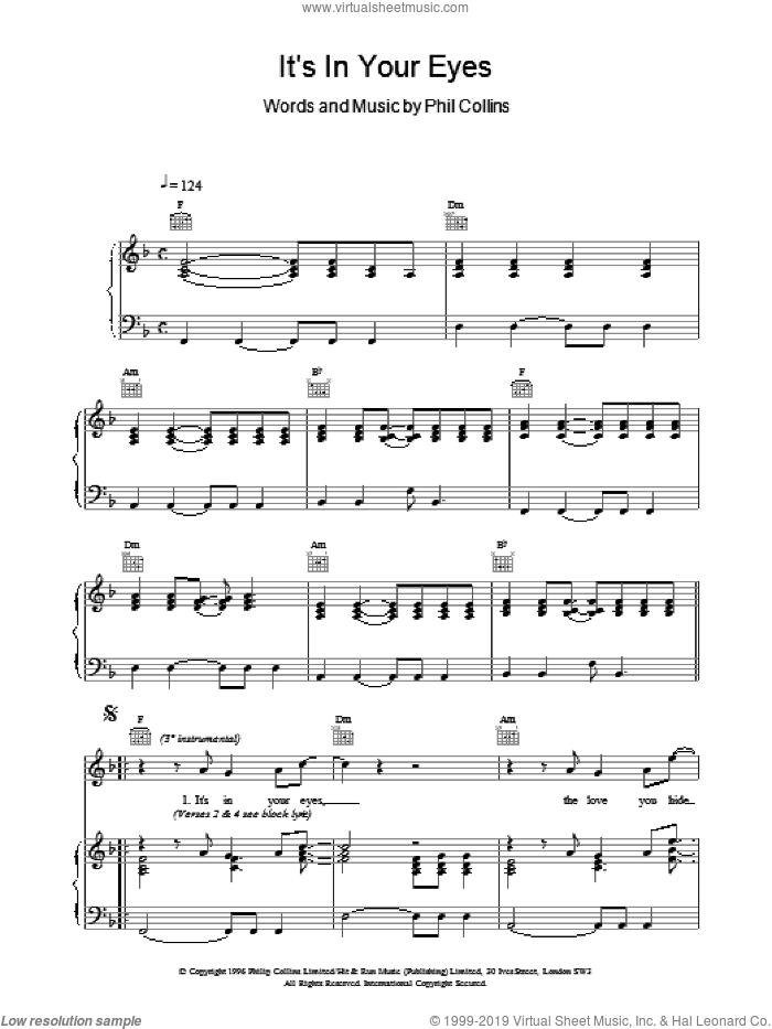 Its In Your Eyes sheet music for voice, piano or guitar by Phil Collins, intermediate skill level