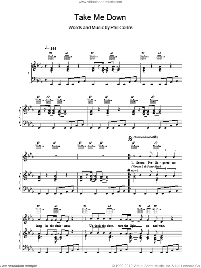 Take Me Down sheet music for voice, piano or guitar by Phil Collins, intermediate skill level