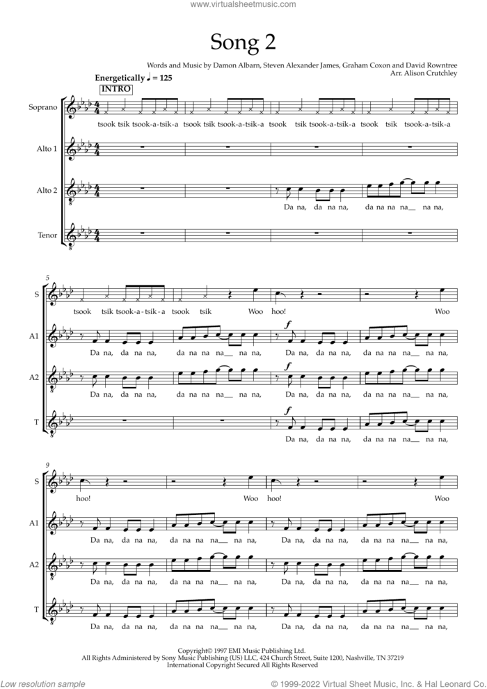 Song 2 (arr. Alison Crutchley) sheet music for choir (SAAA) by Blur, Alison Crutchley, Damon Albarn, David Rowntree, Graham Coxon and Steven Alexander James, intermediate skill level