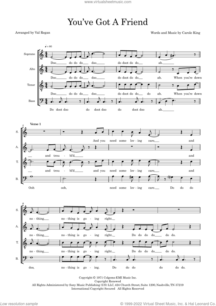 You've Got A Friend (arr. Val Regan) sheet music for choir (SATB: soprano, alto, tenor, bass) by Carole King, Val Regan and James Taylor, intermediate skill level