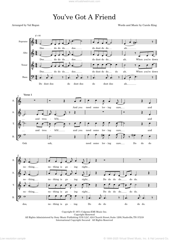 You've Got A Friend (arr. Val Regan) sheet music for choir (SATB: soprano, alto, tenor, bass) by Carole King, Val Regan and James Taylor, intermediate skill level