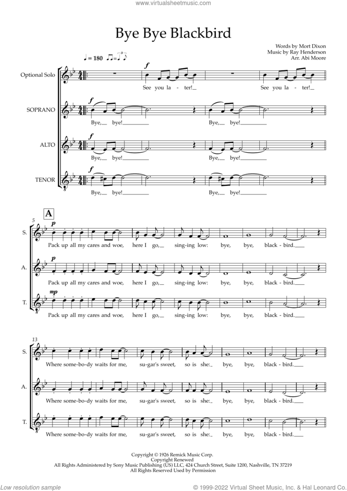 Bye Bye Blackbird (arr. Abi Moore) sheet music for choir (SSAT) by Ray Henderson & Mort Dixon, Abi Moore, Mort Dixon and Ray Henderson, intermediate skill level