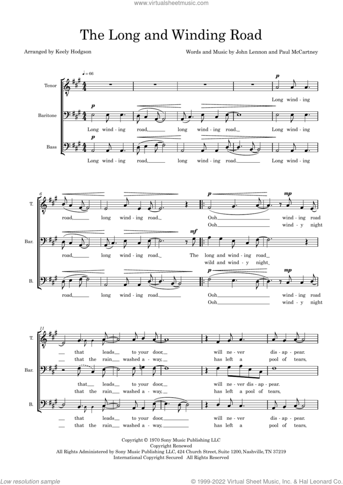 The Long and Winding Road (arr. Keely Hodgson) sheet music for choir (TBB: tenor, bass) by The Beatles, Keely Hodgson, John Lennon and Paul McCartney, intermediate skill level