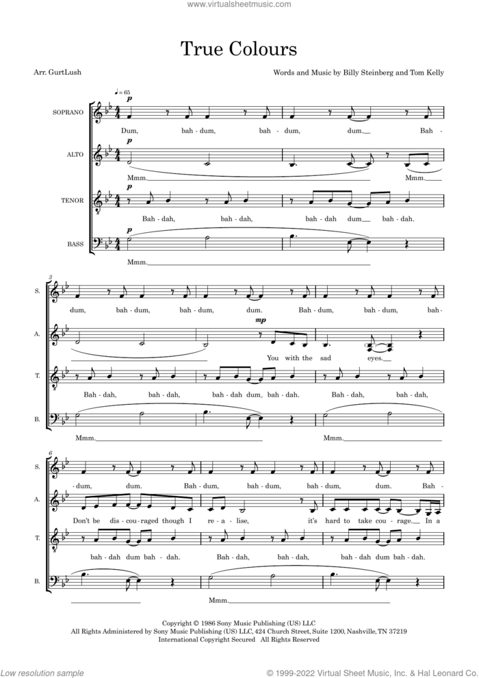 True Colours (arr. Sam Burns) sheet music for choir (SSATTB) by Cyndi Lauper, Sam Burns, Billy Steinberg and Tom Kelly, intermediate skill level