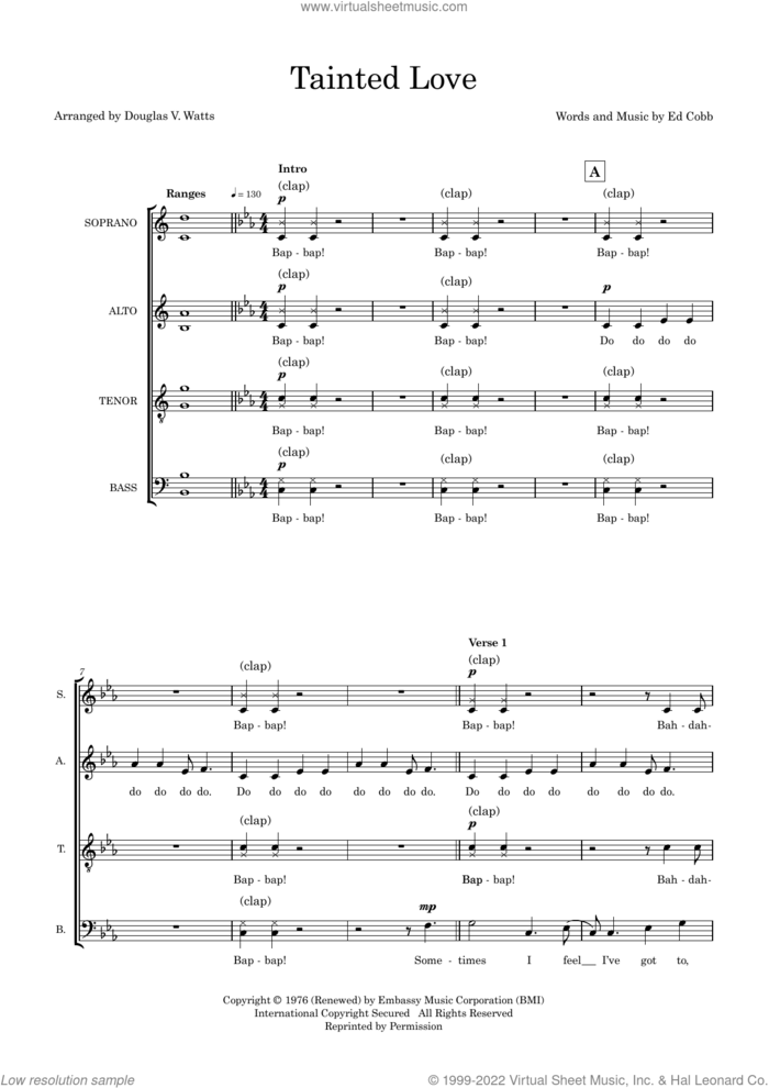 Tainted Love (arr. Doug Watts) sheet music for choir (SATB: soprano, alto, tenor, bass) by Soft Cell, Doug Watts and Ed Cobb, intermediate skill level