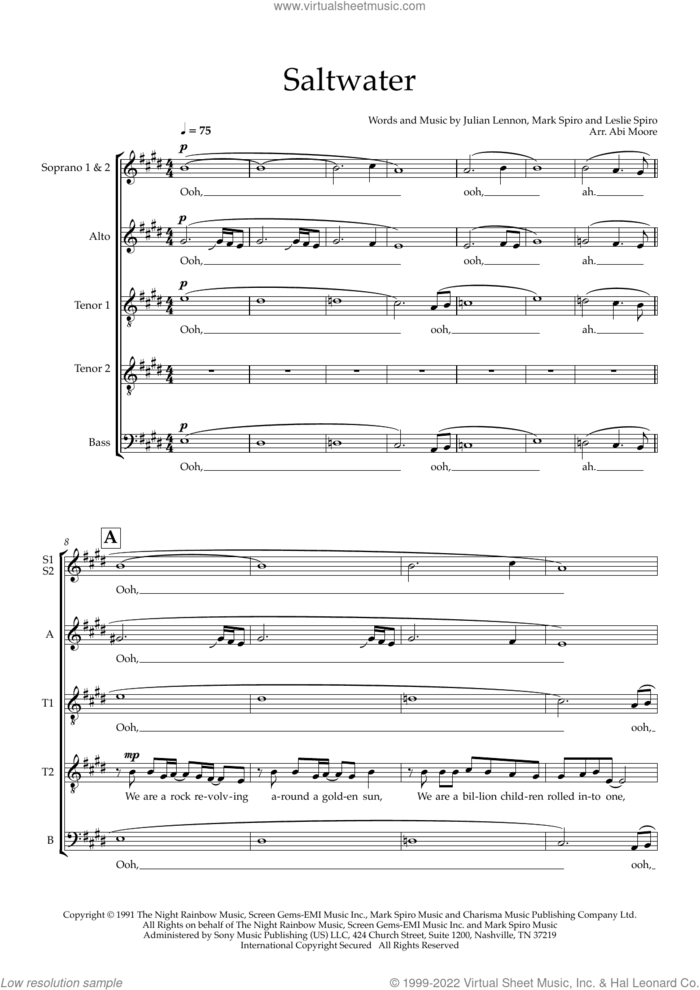 Saltwater (arr. Abi Moore) sheet music for choir (SSATTB) by Julian Lennon, Abi Moore, Leslie Spiro and Mark Spiro, intermediate skill level