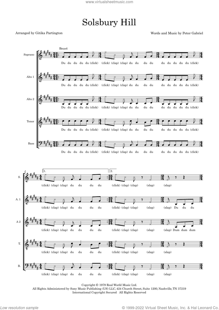 Solsbury Hill (arr. Gitika Partington) sheet music for choir (SAATB) by Peter Gabriel and Gitika Partington, intermediate skill level