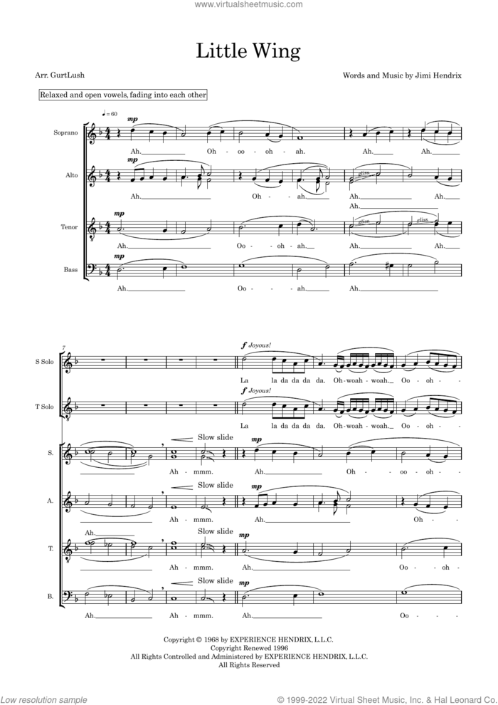 Little Wing (arr. Sam Burns) sheet music for choir (SSAATB) by Jimi Hendrix and Sam Burns, intermediate skill level
