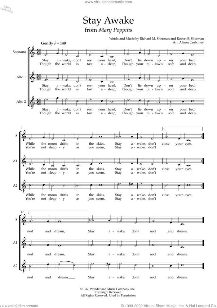 Stay Awake (arr. Alison Crutchley) sheet music for choir (SAA) by Sherman Brothers, Alison Crutchley, Richard M. Sherman and Robert B. Sherman, intermediate skill level